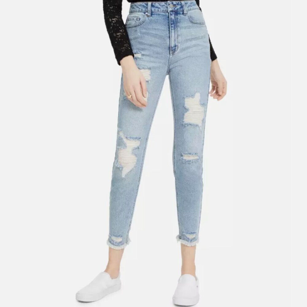 Tinseltown Distressed Mom Jeans Size 5‎ Light Wash Frayed Hem High Rise